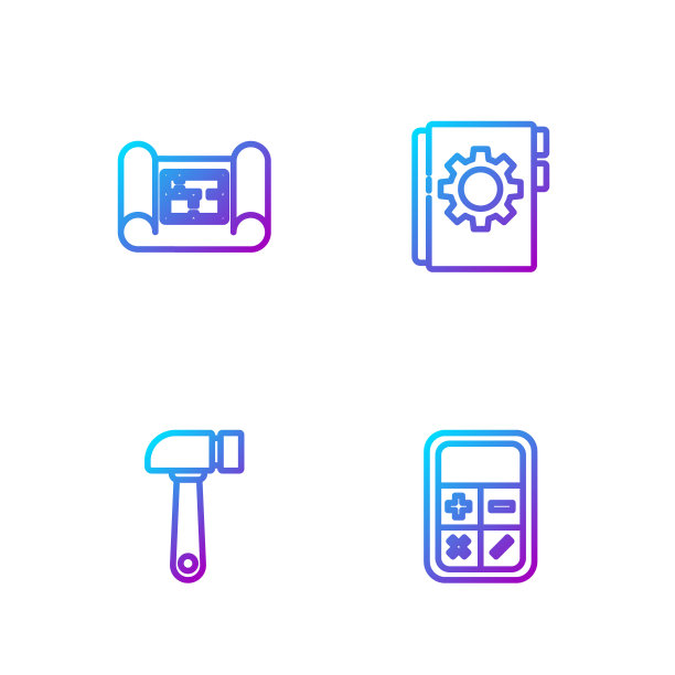 设置线计算器，锤子，房屋平面图和用户手册。渐变颜色图标。向量图片下载