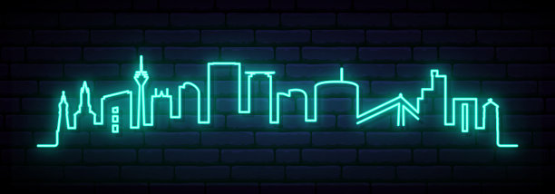 杜塞尔多夫的蓝色霓虹天际线。明亮的杜塞尔多夫城长横幅。矢量插图。图片下载