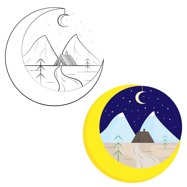 山的风景。房子的道路。夜空。图片下载