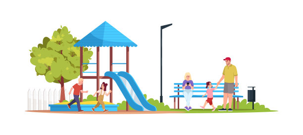 儿童在操场上玩半平面RGB彩色矢量插图图片下载