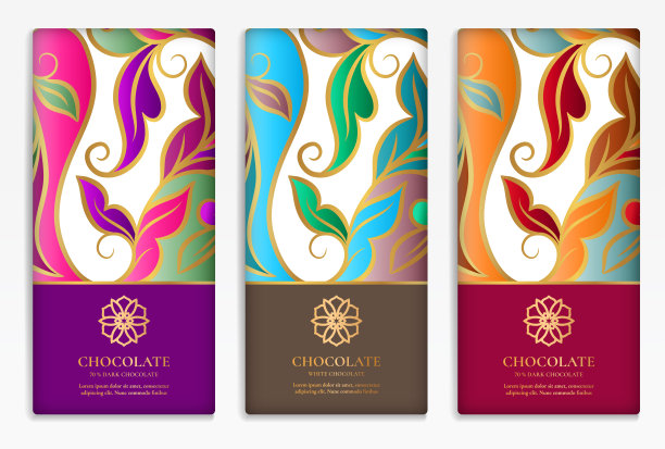 五彩缤纷的巧克力包装设计。复古矢量装饰模板。优雅,经典的元素。非常适合食品，饮料和其他包装类型。可用于背景和壁纸。图片下载