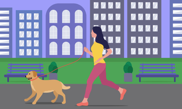 一位妇女在城市公园遛狗。和宠物一起健康生活的概念图片下载