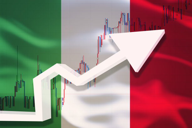 意大利成长图表。白色3D箭头和股票图表成长在舞动的国家旗帜的背景下。图片下载