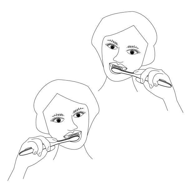 女子刷牙，一组两幅图片，右手拿着牙刷或左手拿着牙刷，轮廓矢量插图图片下载