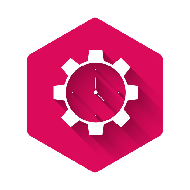白色时间管理图标孤立与长影子。时钟和齿轮标志。生产力的象征。粉红色的六角按钮。向量图片下载