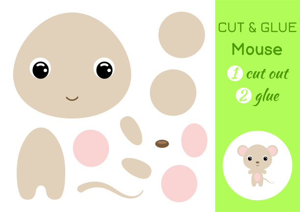 剪切和粘老鼠宝宝。教育发展工作表。学龄前儿童的彩色纸游戏。把图像的部分剪下来，粘在纸上。卡通人物。彩色矢量股票插图。图片下载