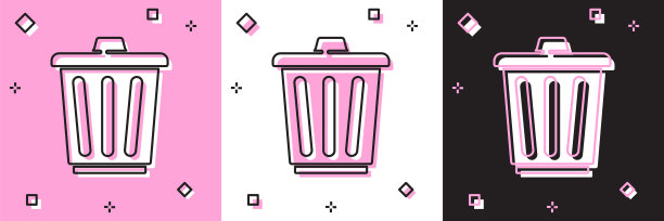 设置垃圾桶图标孤立的粉红色和白色，黑色背景。垃圾桶的迹象。回收篮图标。办公室垃圾图标。向量图片下载
