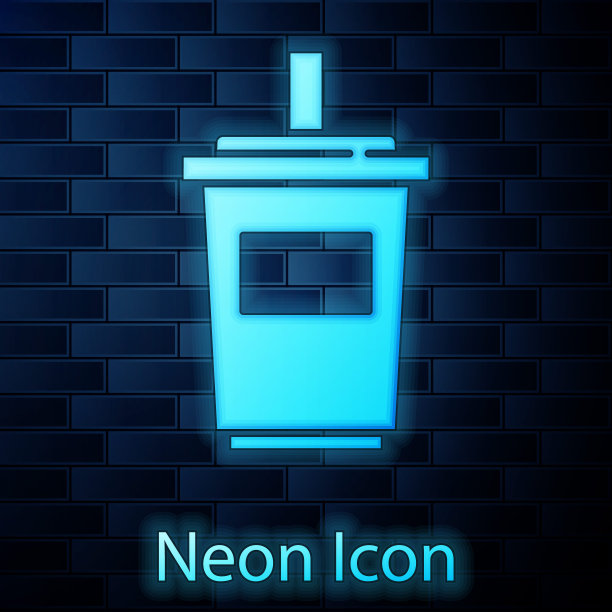 发光的霓虹纸玻璃与饮水吸管和水的图标隔离在砖墙的背景。苏打饮料的玻璃。新鲜冷饮的象征。向量图片下载
