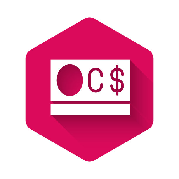 白色加拿大元货币符号图标孤立与长影子。粉红色的六角按钮。向量图片下载