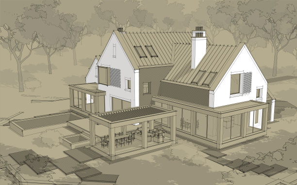 池塘上现代熟料房的3d渲染，工艺背景上有水池黑线图片下载