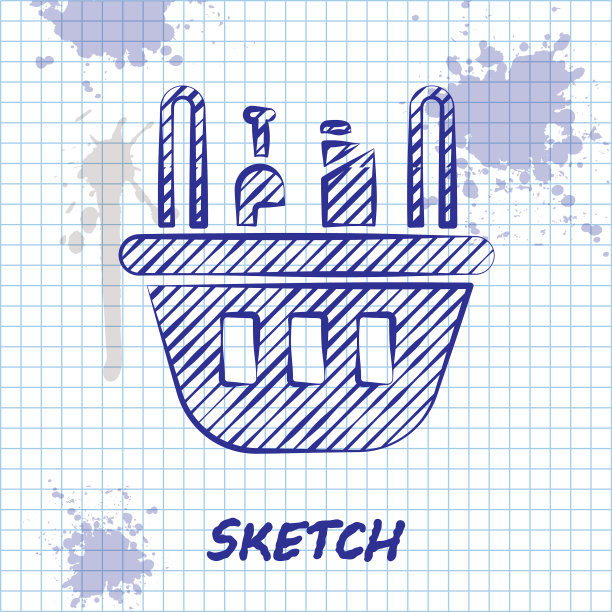 素描线购物篮和食品图标孤立图片下载