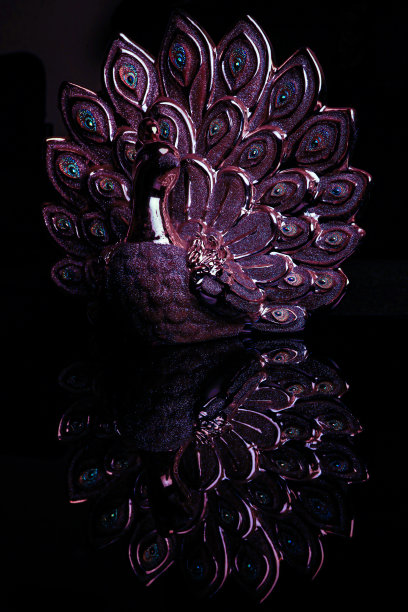 一只美丽的金色孔雀被孤立在黑色的背景上图片下载