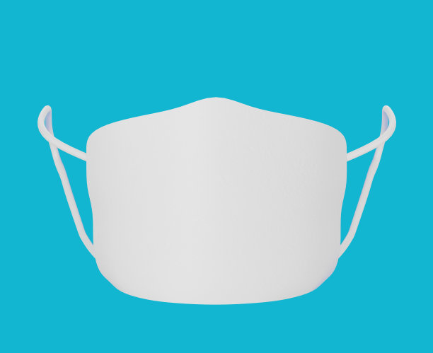 蓝色背景的白色口罩模型前视图，医生和病人的织物可重复使用的医用口罩，空白口罩的3d渲染图片下载