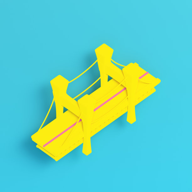 淡蓝色背景上的黄色桥，色彩柔和。极简主义的概念图片下载