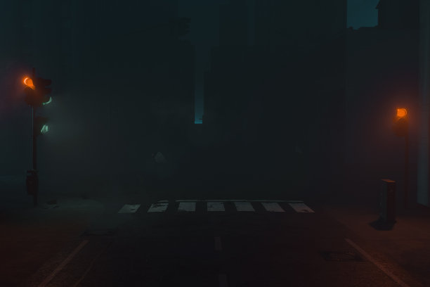 三维渲染的城市雾场景与照明交通灯和行人过街图片下载