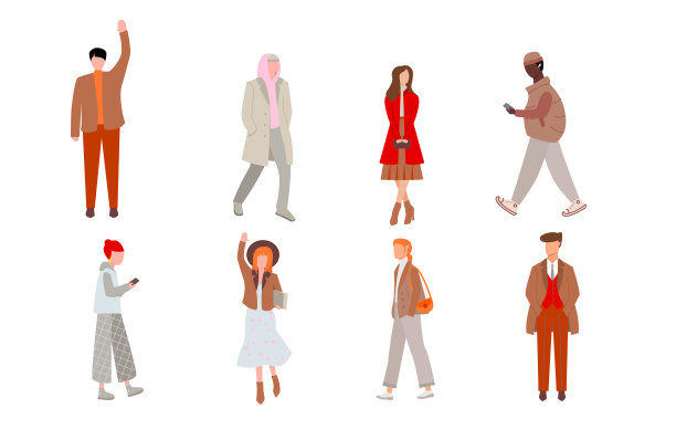 穿着秋装的不同种族的行走的人。可爱的扁平卡通人物。图片下载