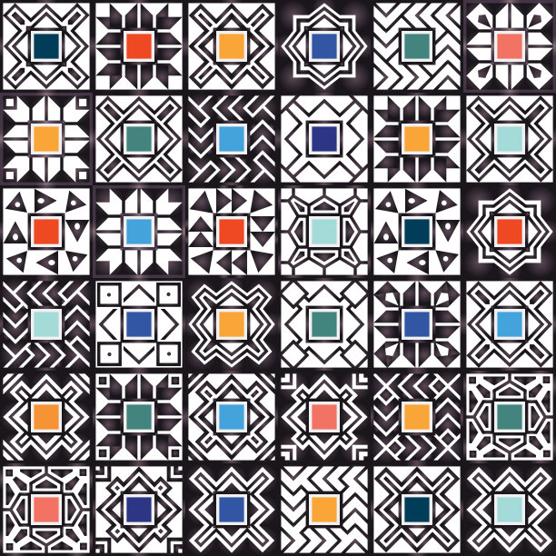 拼接无缝图案，毛利民族边界地毯印花，黑白框架与柔和的彩色菱形。蜡染颜料，披肩，地毯，垫子。20个图案刷子在刷子调色板图片下载