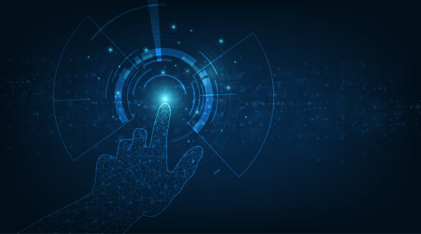 矢量手和圆技术上的深蓝色技术背景设计。图片下载