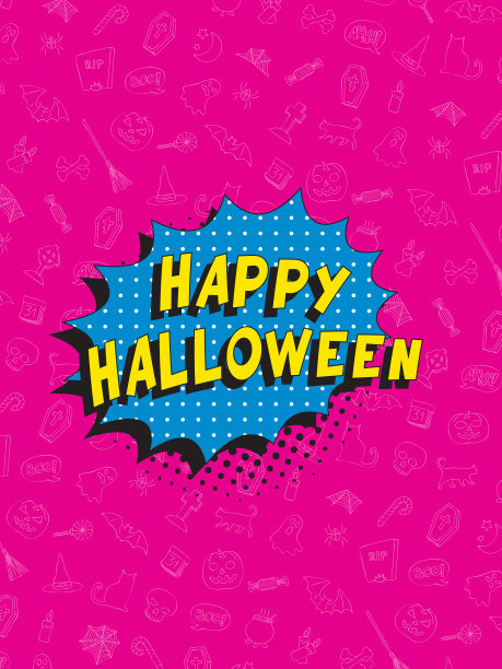 短语“万圣节快乐”在复古漫画讲话气泡彩色背景与各种图标。矢量假日垂直模板在复古波普艺术风格的横幅，海报，邀请，封面图片下载