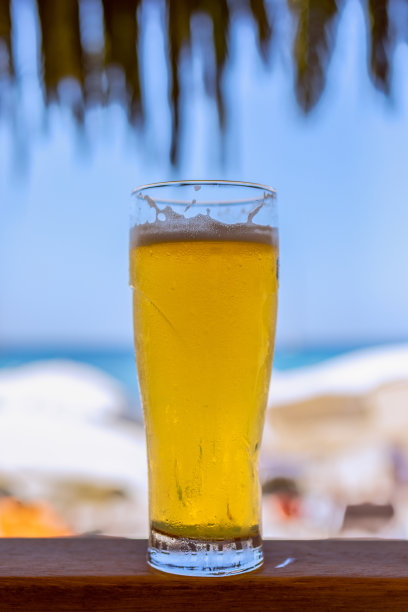 在海滩酒吧喝一杯冰啤酒(垂直图片)图片下载