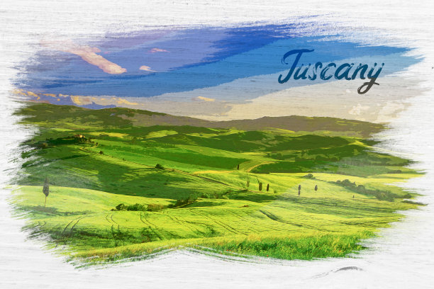托斯卡纳山谷日落，水彩画图片下载