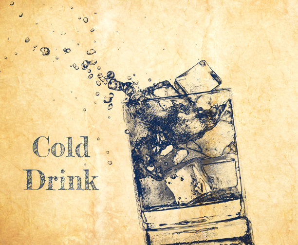 在旧纸上画有冰块的威士忌玻璃杯素描图片下载