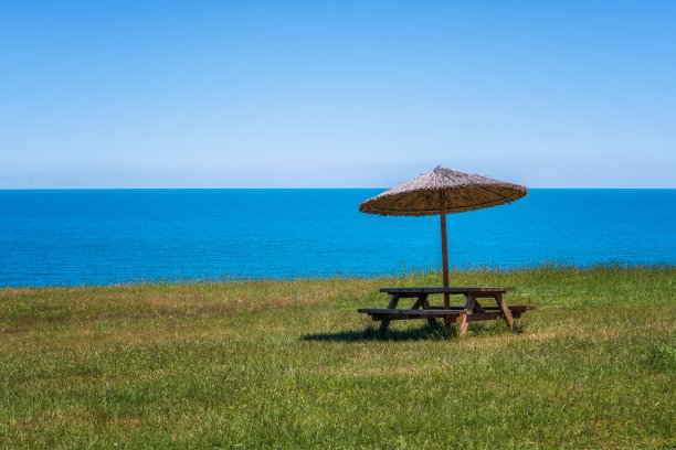 野餐长椅上的草坡俯瞰大海和沙滩图片下载