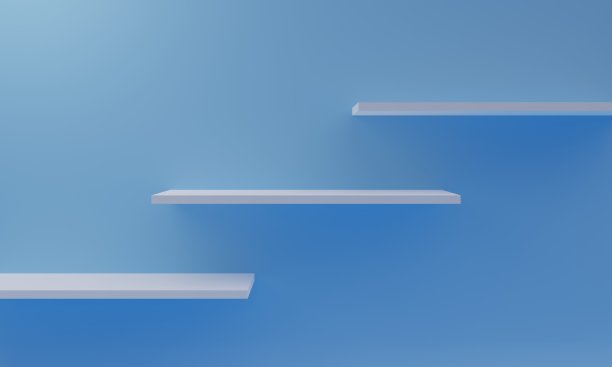 空的白色展示架在墙上，书架或零售货架的概念，3D渲染图片下载