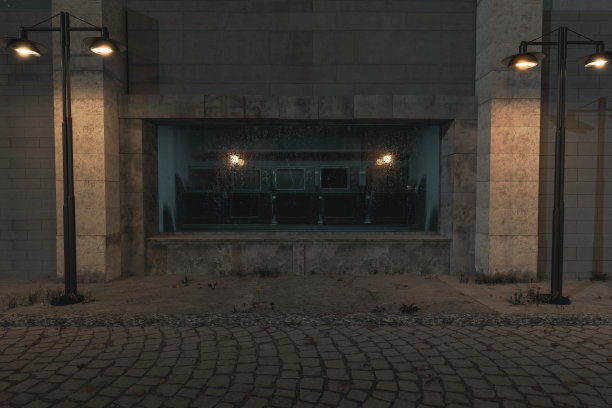 3d渲染的蓝色照明橱窗满是旧电视与点亮灯笼在老城街道晚上图片下载