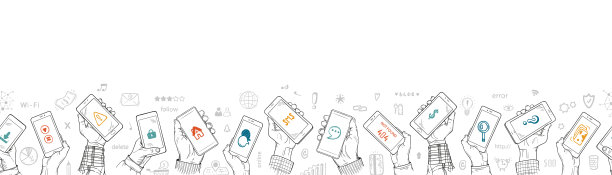 手绘涂鸦人类手握智能手机和社交媒体图标。网页横幅水平边框无缝模式。矢量图图片下载