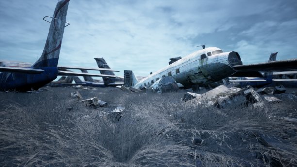 被遗弃和摧毁的飞机在这片土地上。很多生锈的，被遗忘的，破损的飞机。3 d渲染。图片下载