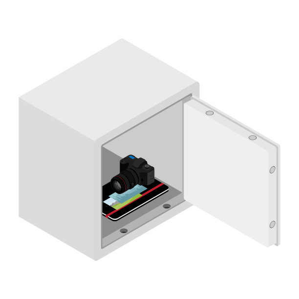 金属钢钱银行保险箱与相机照片图片下载