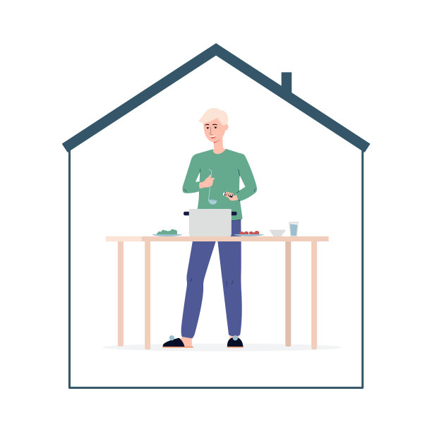 男人在家做饭-卡通厨师在家里的锅里做汤图片下载