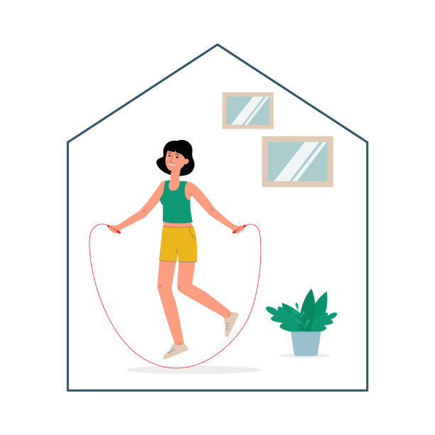 家庭体育运动横幅与跳绳女子，矢量插图孤立。图片下载