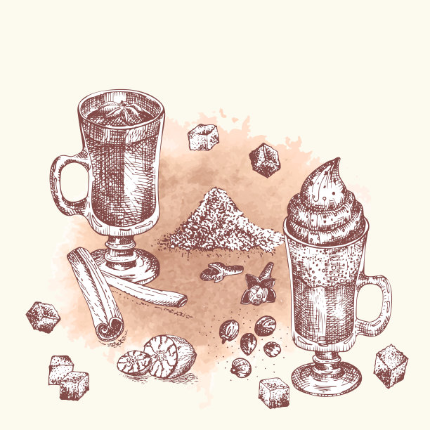 酒精鸡尾酒饮料手绘素描艺术，水彩背景爱尔兰咖啡，蛋奶酒圣诞酒吧复古设计的餐厅，咖啡馆菜单，传单，横幅，海报雕刻风格图片下载