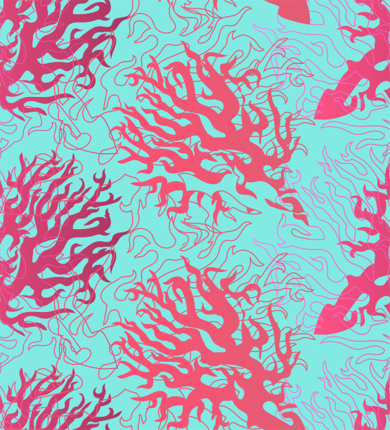 海礁矢量无缝图案与珊瑚在时尚的水蓝menthe背景。图片下载