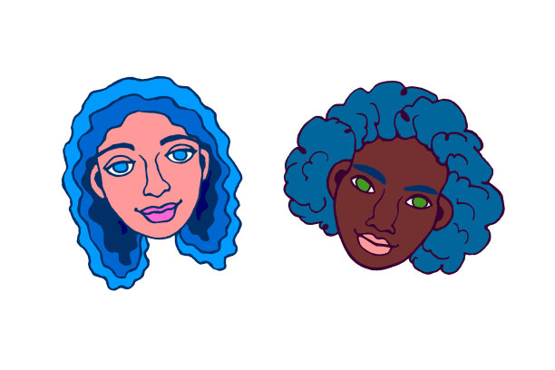 一组人脸，肖像。手绘彩色头的男人，女人，男孩，女孩在卡通风格孤立在白色的背景。不同的和美丽的图片下载