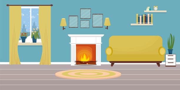 现代舒适的室内客厅壁炉，沙发，窗户。冬天的时候，暖空的房间存量矢量插图图片下载