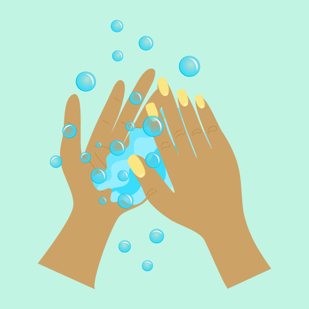 双手用肥皂隔离在蓝色背景上。插图在一个扁平的卡通风格。在大流行期间清洁双手。浴室的贴纸。图片下载