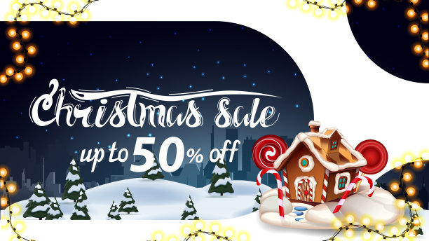 圣诞特卖，高达五折，白色和蓝色的折扣横幅与冬季景观，花环和圣诞姜饼屋图片下载