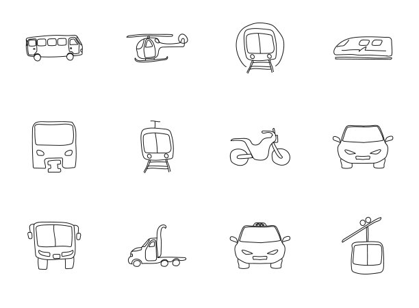 运输涂鸦孤立在白色上。运输图标设置为网页设计，用户界面，移动应用程序和打印图片下载