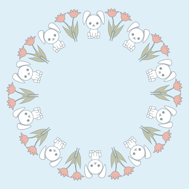 可爱的框架与卡通有趣的兔子和花。浪漫的明信片设计。向量卡哇伊插图。图片下载