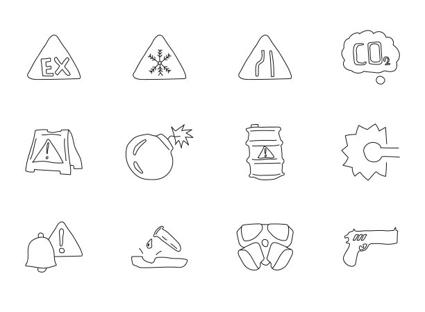 白色隔离上的警告涂鸦。警告图标设置为网页设计，用户界面，移动应用程序和打印图片下载