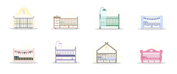 一组婴儿床图标。婴儿物品图标集合的简单元素。ui, ux，应用程序，软件和信息图表的创意摇篮。平面风格的矢量插图。图片下载