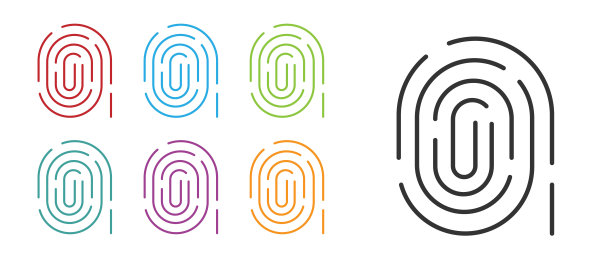 黑色指纹图标隔离在白色背景。ID的应用图标。识别标志。触摸id。设置图标丰富多彩。向量图片下载