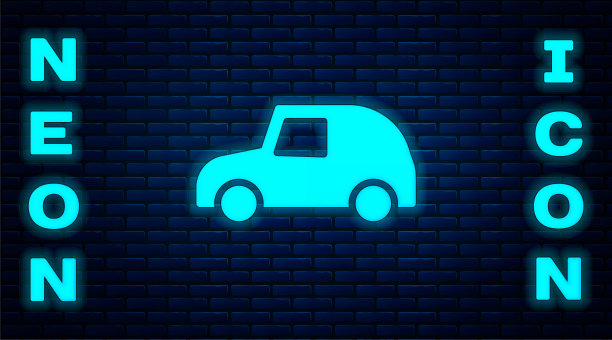 发光的霓虹灯玩具车图标孤立在砖墙背景。向量图片下载