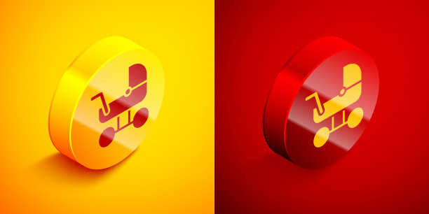 等距婴儿车图标孤立在橙色和红色的背景。婴儿车，手推车，婴儿车，手推车，手推车。圆按钮。向量图片下载