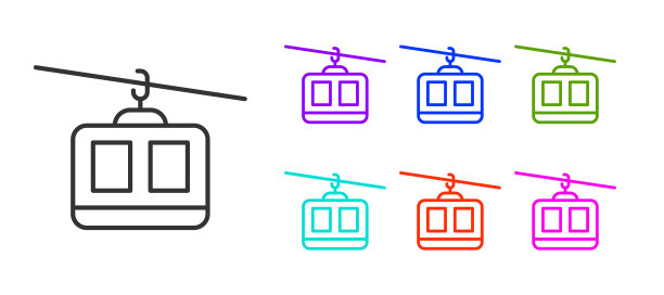 黑线缆车图标孤立在白色背景上。缆索的迹象。设置图标丰富多彩。向量图片下载