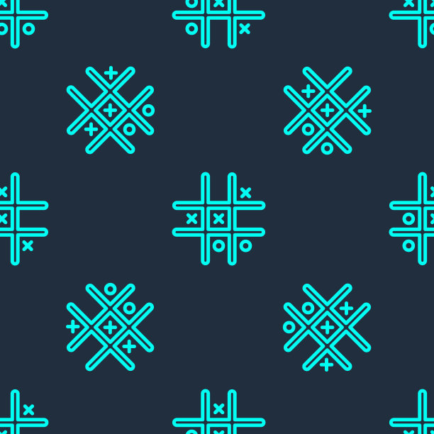 绿线Tic tac - toe游戏图标隔离无缝模式在蓝色背景。向量图片下载