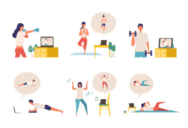 在线健康概念。通过显示器，笔记本电脑，平板电脑进行锻炼。矢量插图的人放松在他们的家。图片下载